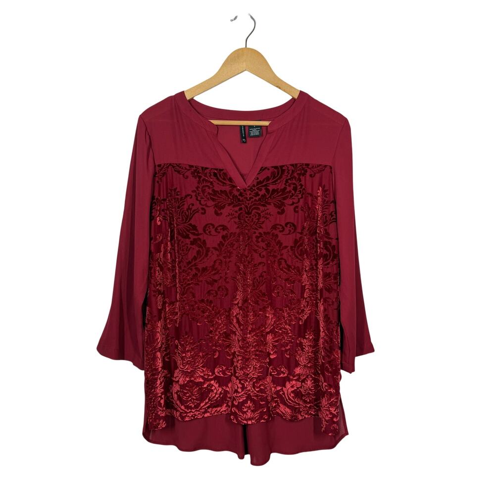 New Directions Burnout Velvet Blouse Womens Size Large Red Baroque Whimsigoth